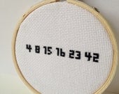 LOST numbers cross-stitch, Embroidery Hoop Art.  Embroidered sign.