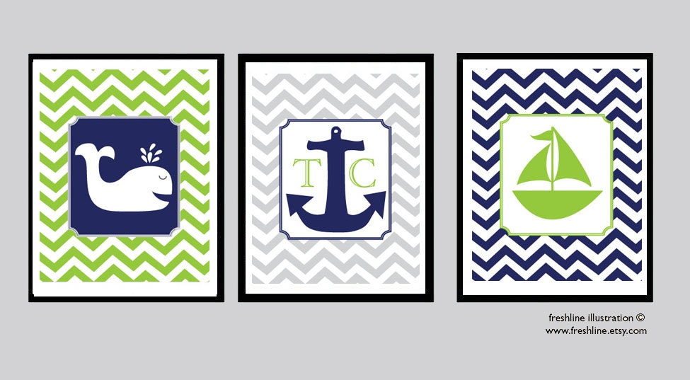 Nursery Wall Decor - Babies Room - Children's Room - Boy - Monogram, Chevron - Sailboat, Boat, Whale, Anchor - Set of Three 8x10 Art Prints