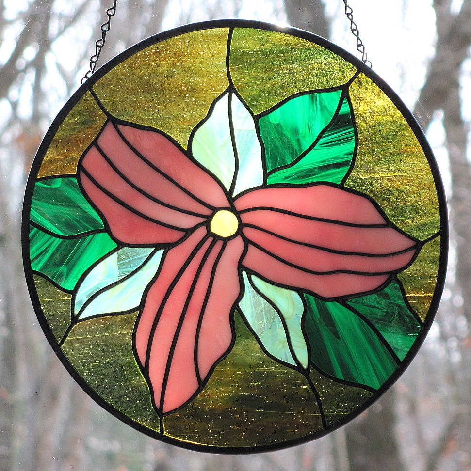 Stained Glass Trillium Pink Large Flowered Round Suncatcher