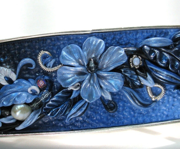 Barrette Blue Applique Flowers Sapphire Hair Clip