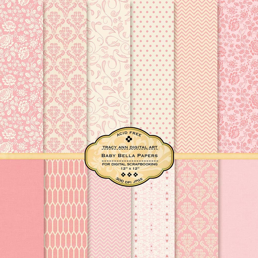 Baby Bella Pink Digital Download Papers Damask, Pastel  Pink Chevron, Pink Roses  Printable Scrapbook Paper  Pretty in Pink  Craft Sheet