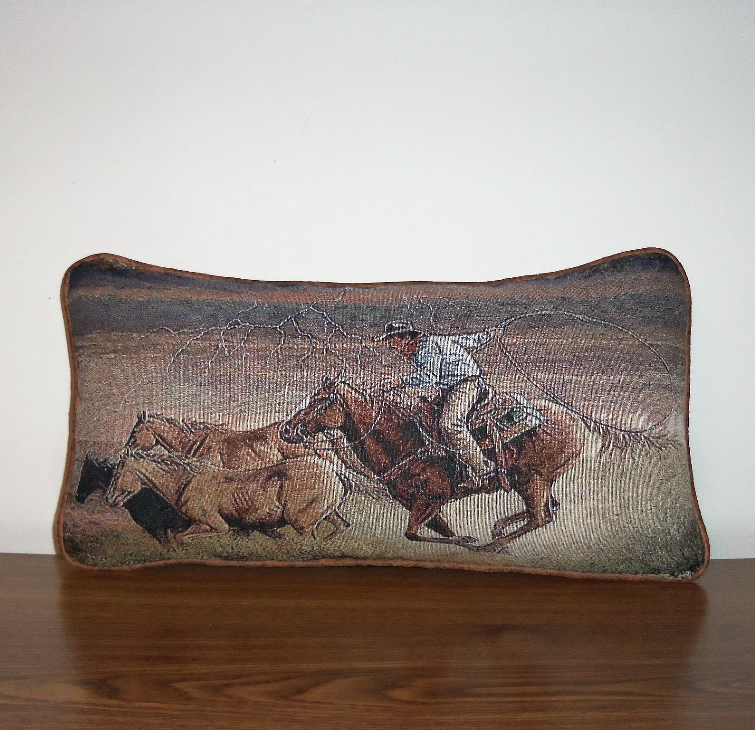 Western Pillow Cowboy Round Up Horses Tapestry Lumbar Pillow
