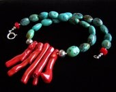 Natural Turquoise and Bamboo Coral Branches Sterling Silver Necklace Tribal
