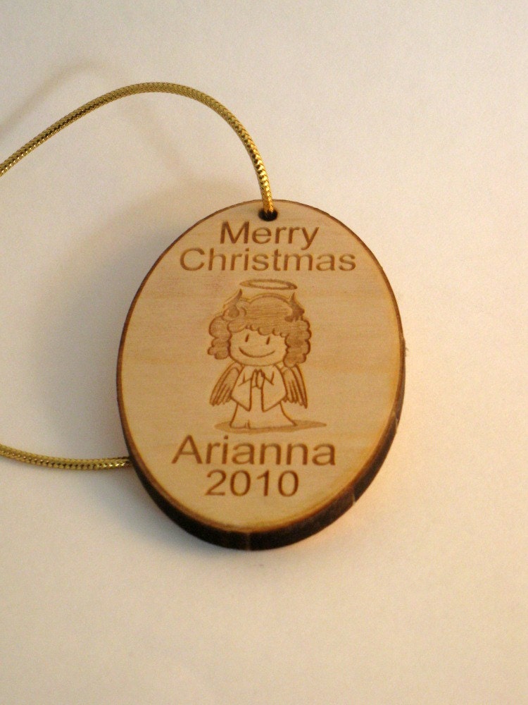 Personalized wooden christmas angel with horns ornament or gift tag
