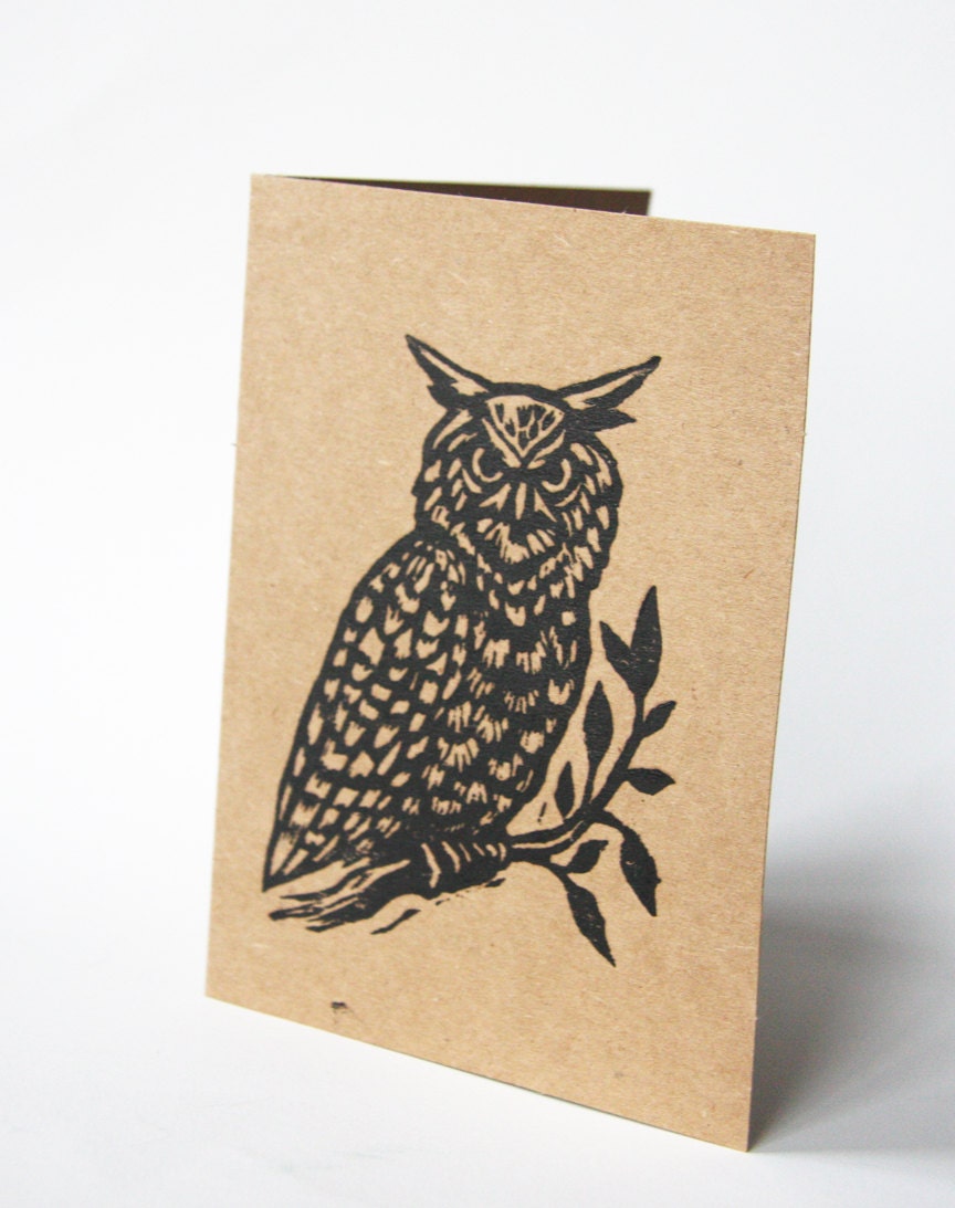Set of 5 Owl Linocut Blank Greeting Cards