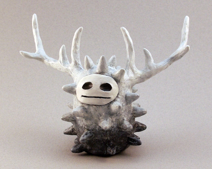 Clay Spirit Sculpture, Monster Figurine, White and Gray Forest Spirit Art Object with Antlers