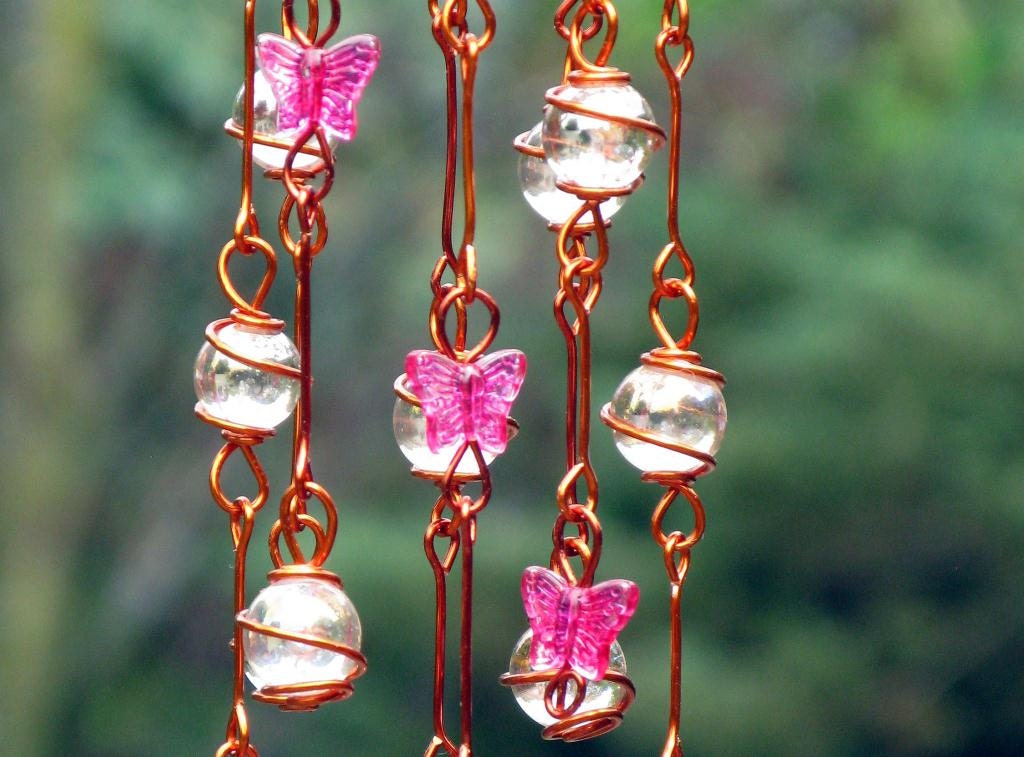 Iridescent Petal Pink Suncatcher with Copper Wrapped Marble Prisms and Hot Pink Glass Butterflies