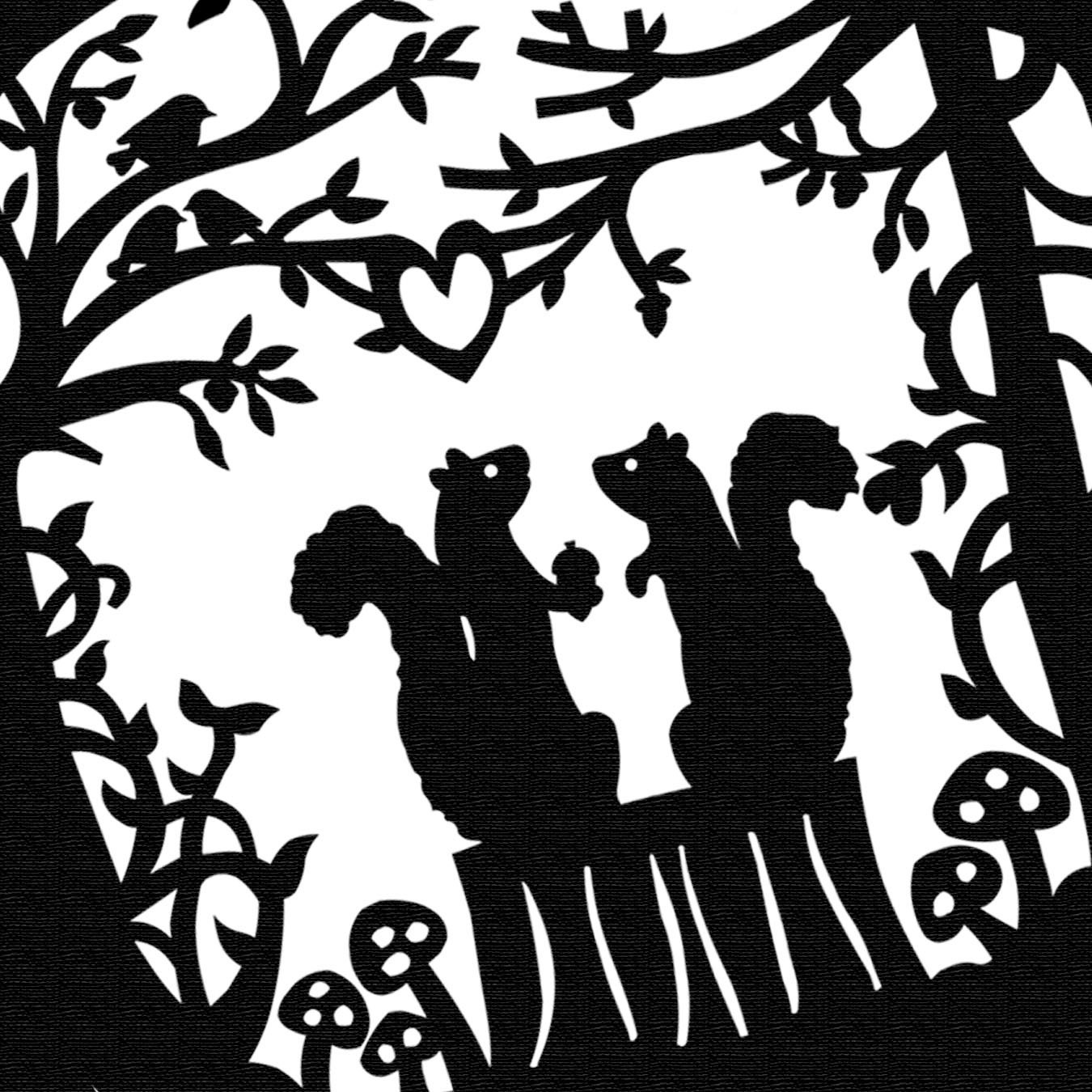 Squirrel Loves Acorn - Paper Cut Silhouette Squirrels Nestled in the Woods Black Brown White Free Shipping US