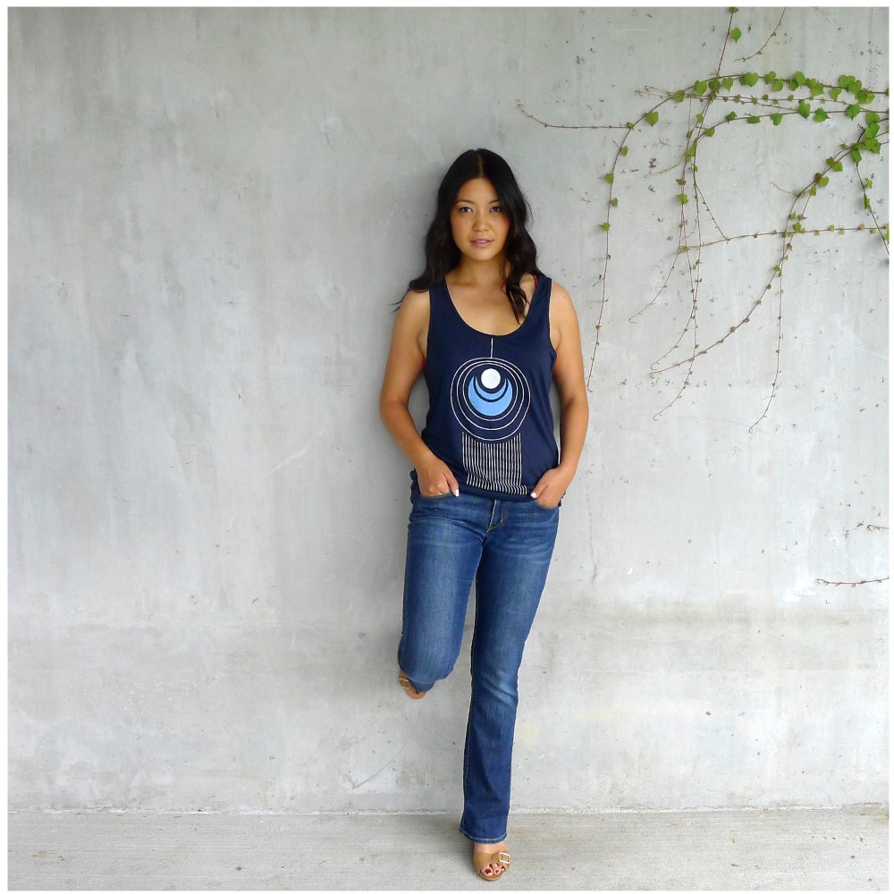 Womens tank top - spring fashion - geometric peacock feather print on navy blue oversized viscose tanks - TAIL FEATHER