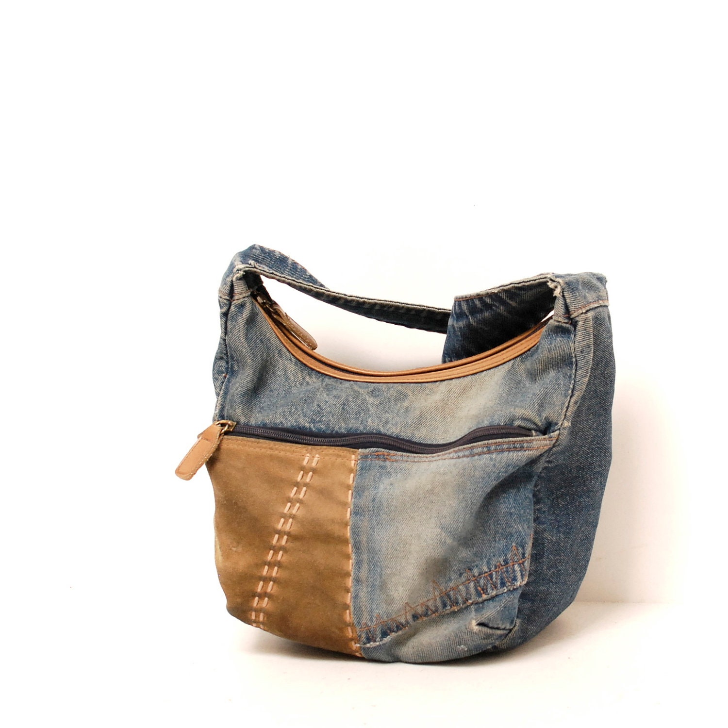 DENIM blue jean 80s PATCHWORK leather slouchy HOBO shoulder bag