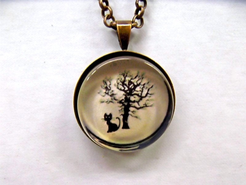 Glass tile Pendant Necklace: Halloween, Black Cat & Spooky Tree