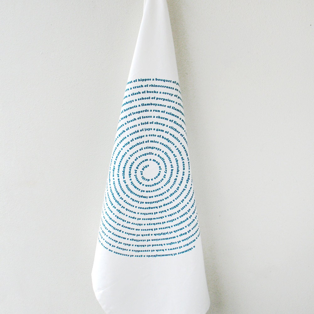 Screenprinted Tea Towel - Collective Animal Nouns Design in Teal Blue - organic cotton, eco friendly,  geometric home decor, typography