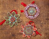 Wedding Favors - Bloom Ornaments Set of Three - Textured Clay Flower Ornaments - Pottery Tree Trimming  Home Decor Gift Package Tie On