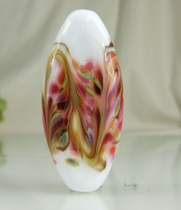Glass Lampwork Focal Bead , Pink, Ivory, Green, Purple Victorian Roses
