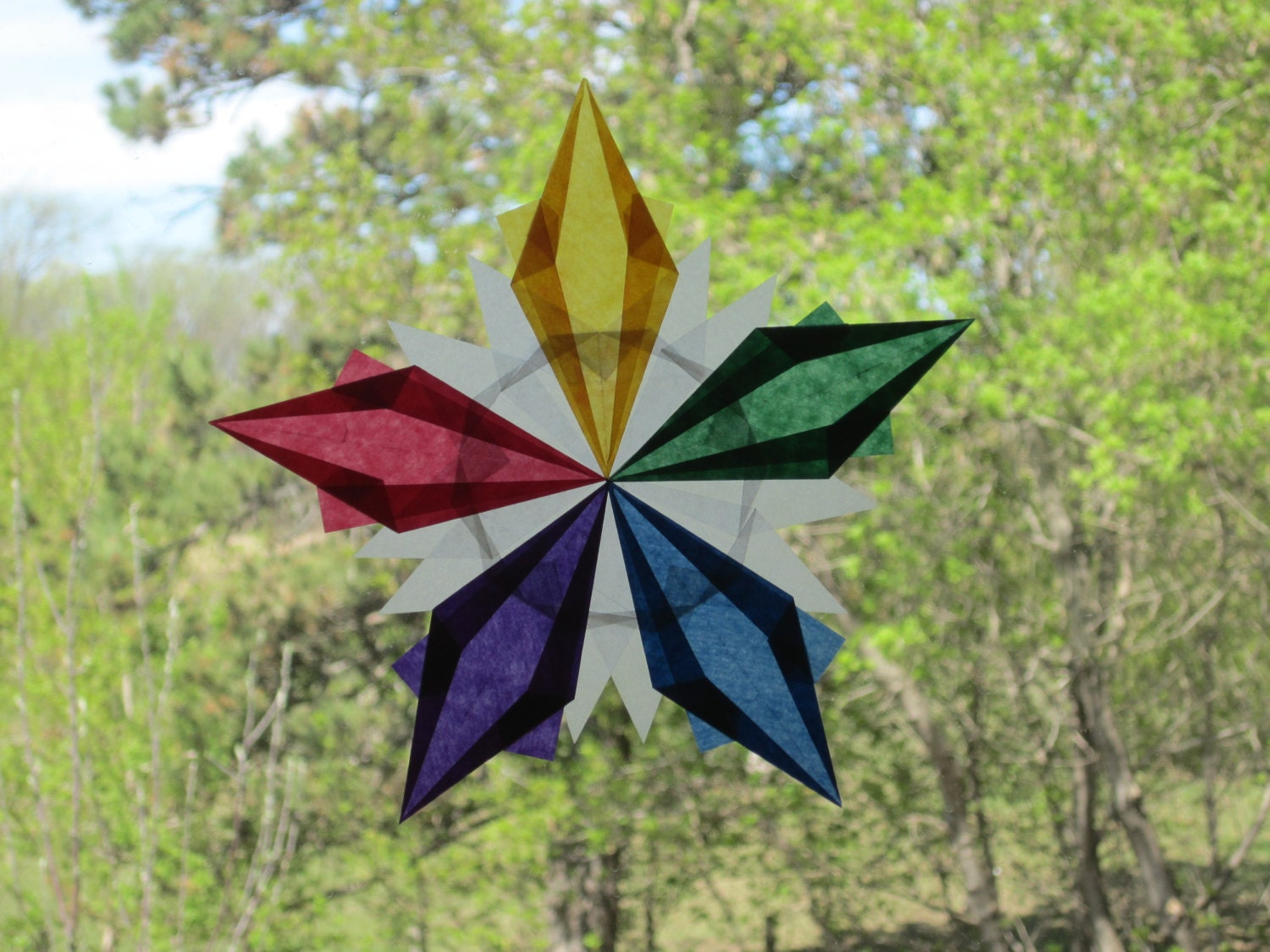Multi-Color Waldorf Window Star in Gold, Green, Blue, Purple, Red, and White