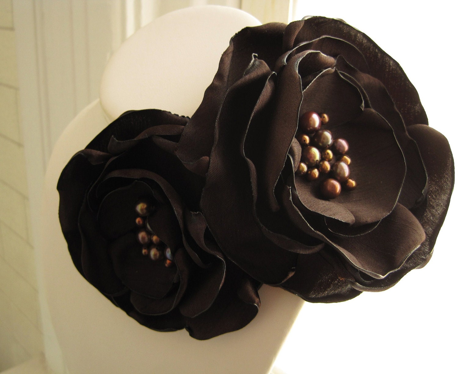 DOUBLE BLOOM fabric flower brooch  corsage pin in deep chocolate brown shantung with pearls