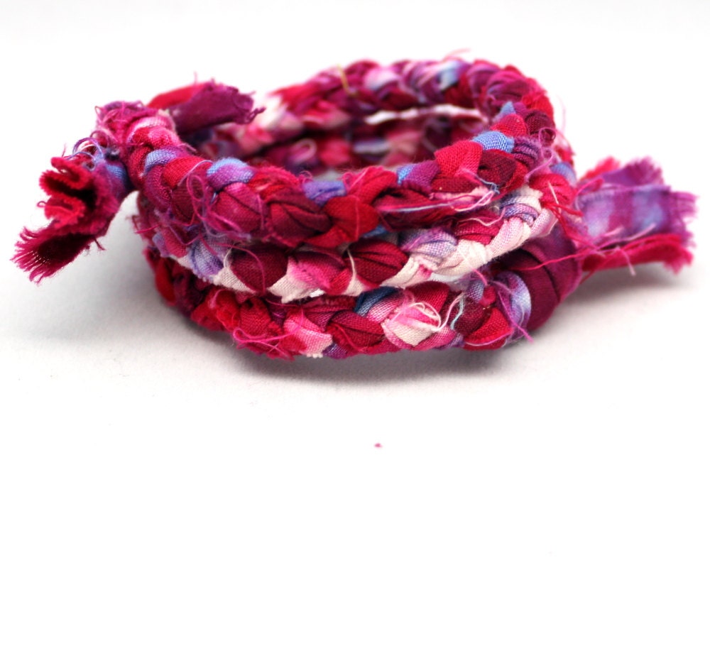 Memory Bracelet - Braided Hand-Dyed Fabric Hot Pink, touches of Purple and White