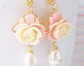 Feminine Rose Cabochon Earrings, Flower Earrings, Pink and Green Earrings, Gold Plate Earrings