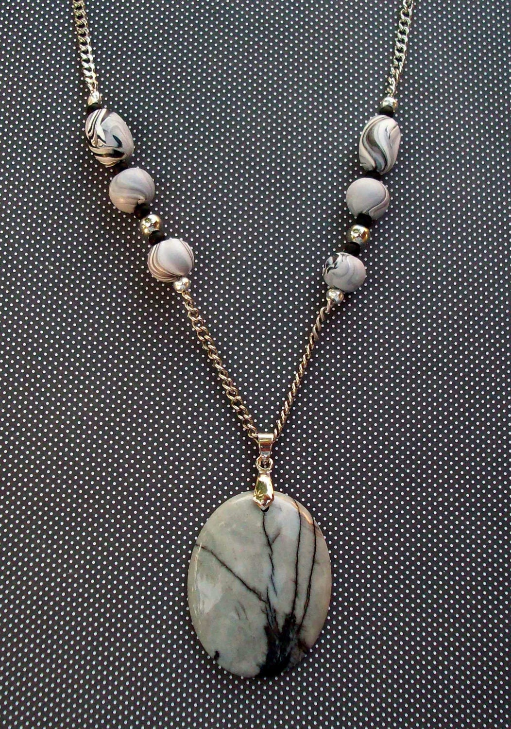 Jasper Pendant with Polymer Clay Beaded Necklace