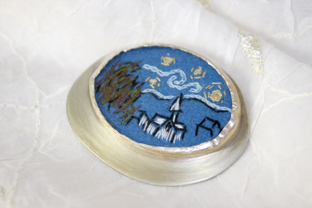 Sterling Silver Textile Brooch Starry Night Hand Embroidery