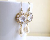 15% Off Sale Bridal Earrings Swarovski Ivory Teardrop Pearl Round CZ Gold  Dangle Earrings - Cynthia E3Gold Wedding Jewelry