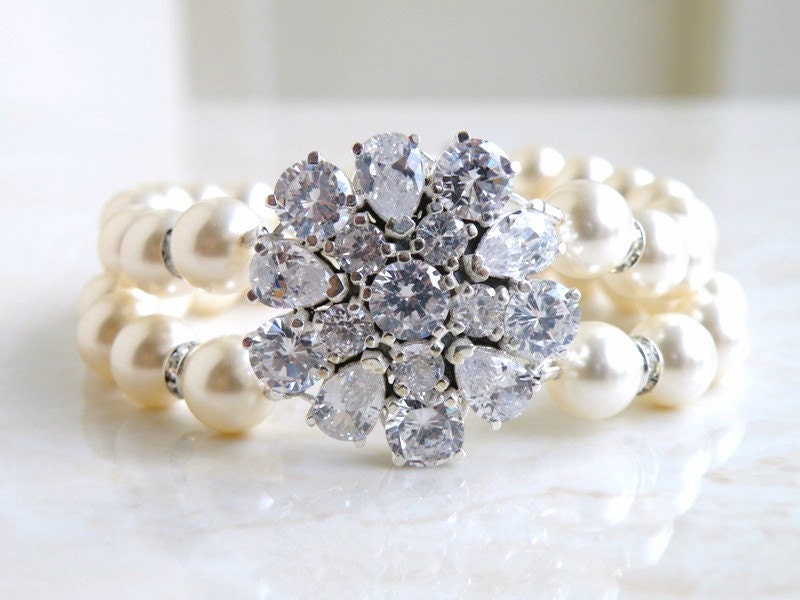 15% Off Sale Bridal Bracelet Ivory Swarovski Pearl Cubic Zirconia Sterling Silver Brooch Bracelet - Bianca B43 Wedding Jewelry