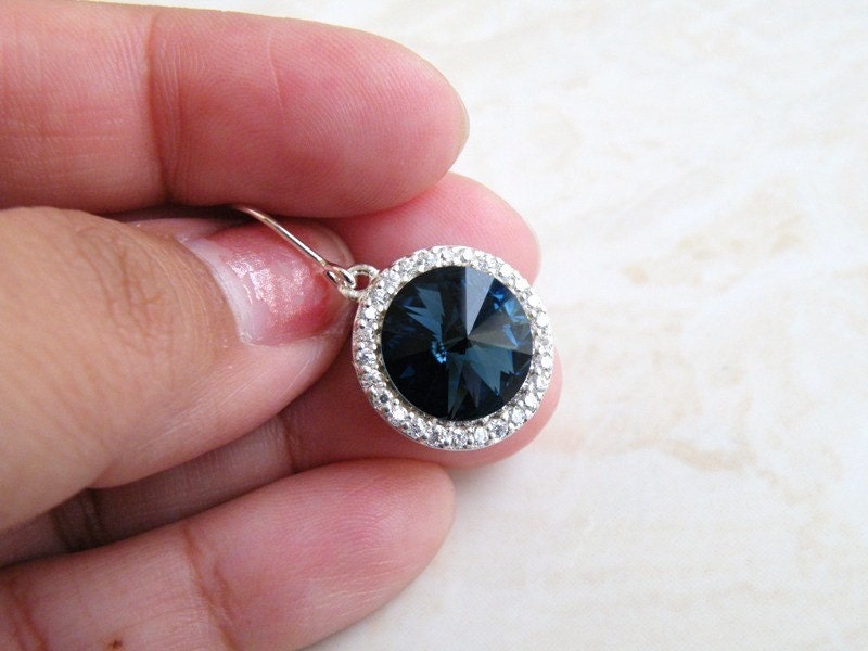 Sapphire Jewelry Wedding Jewelry Bridal Earrings Swarovski Crystal Montana Navy Blue Rivoli Silver CZ Halo Bella E16H-M Bridesmaid Jewelry