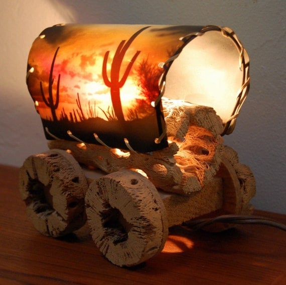 Vintage Cactus Covered Wagon Lamp Western by FeraliaVintage