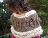 ACORN poncho hand knit chunky for women wrap cape capelet cowl boho wool shawl knitted forest falling leaves tree bulky winter warm brown