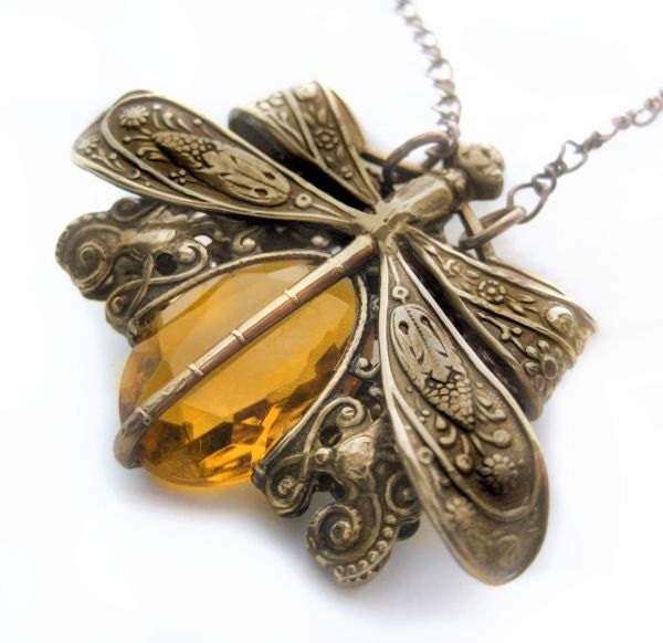 Dragonfly necklace, Victorian style vintage filigree jewelry pendant necklace in amber