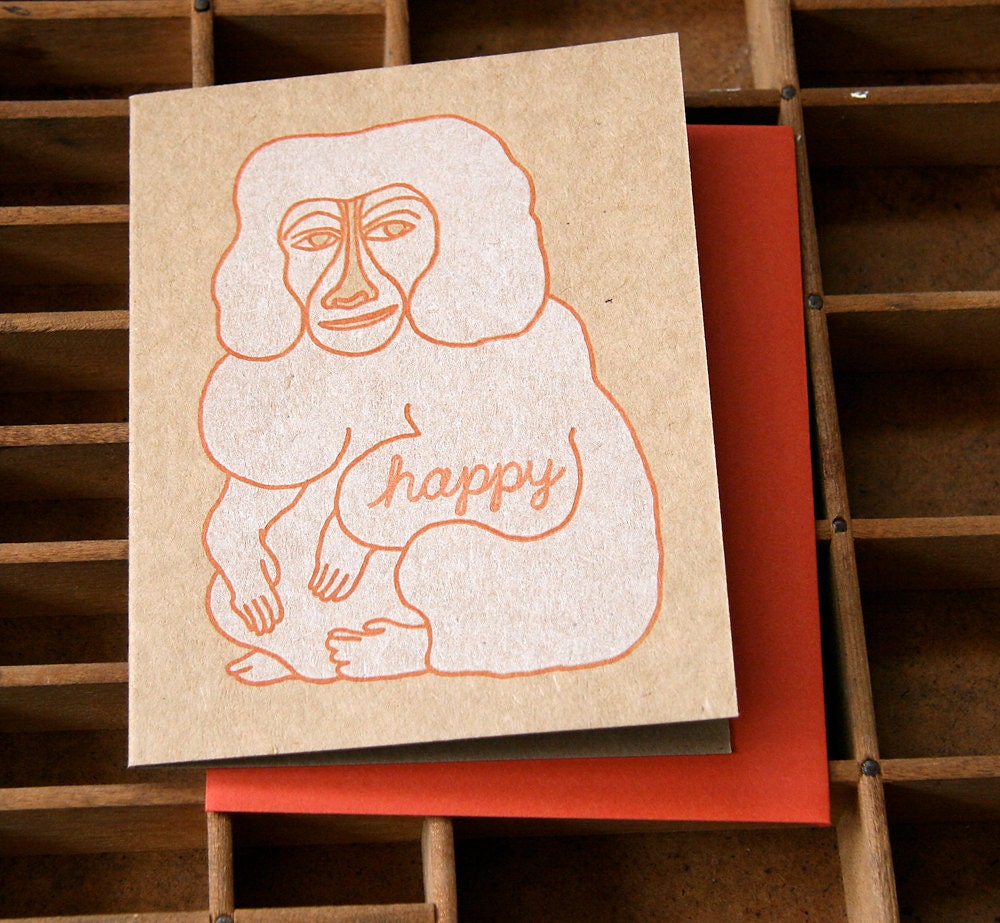 letterpress monkey happy card