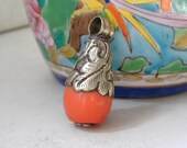 Orange Copal and Sterling Silver Pendant- Vintage Tibetan Ethnic Healing Pendant
