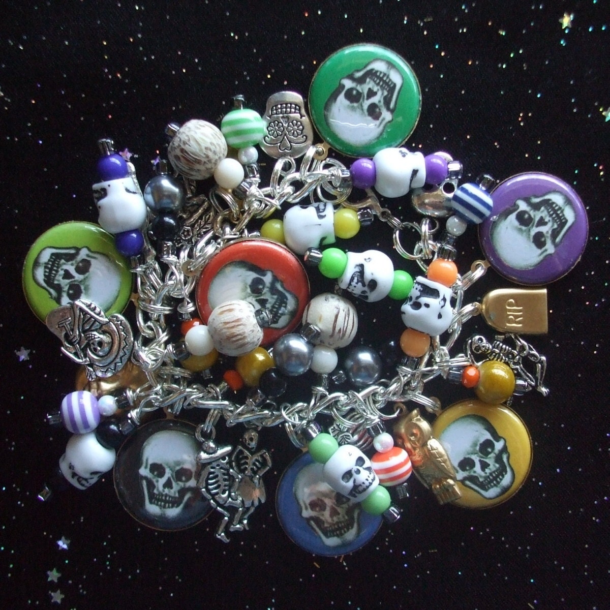 Colorful Skulls Skeleton Party - Day of the Dead or Halloween Charm Bracelet