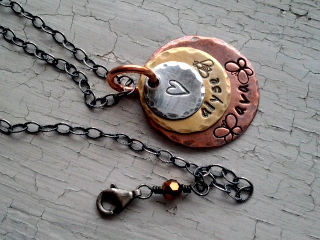 custom and personalized MOM and KId name necklace, copper, sterling silver and nugold, teamepe