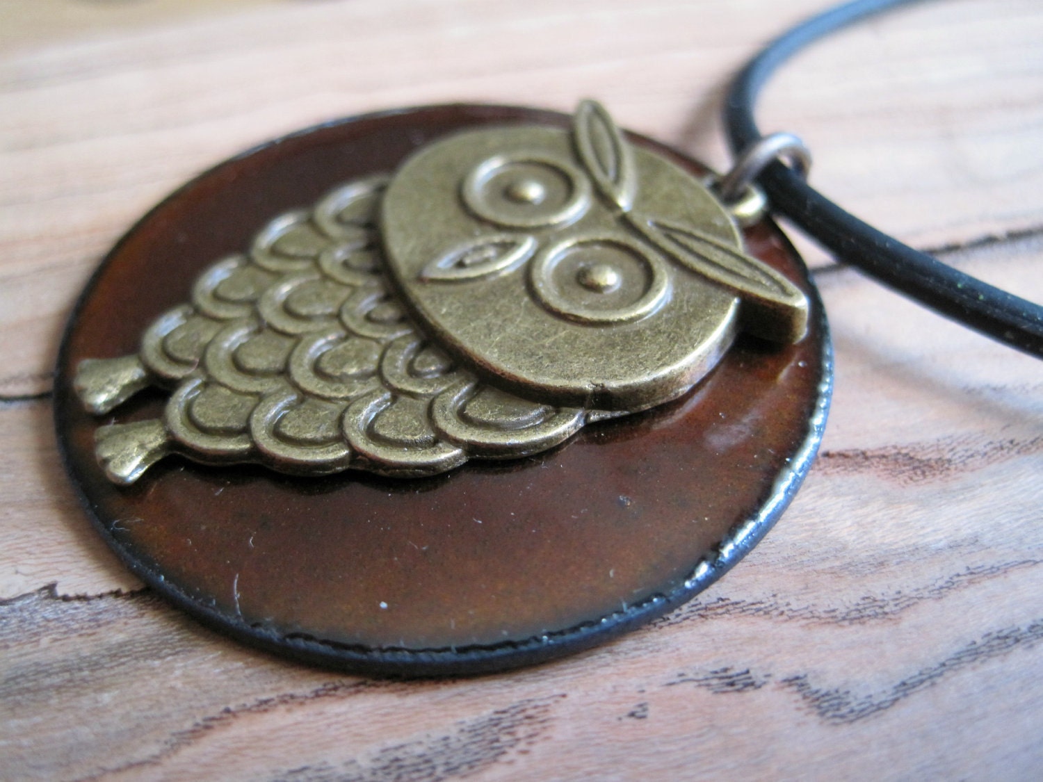 Owl Jewelry, Enamel Owl Necklace, Chestnut Brown Pendant, Espresso Enamel Jewelry, Woodland Jewelry