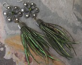 Peacock Feather Shoulder Duster Earrings with Vintage Brass Flower Rhinestones Assemblage