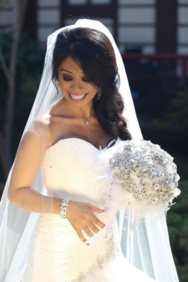 Crystal rose and feather brooch jeweled wedding bouquet -- deposit on a made to order bridal bouquet