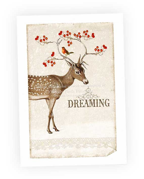 Deer, Art Print, Giclee, Dreaming, Woodland, Red Berries, Winter, Digital Art Print