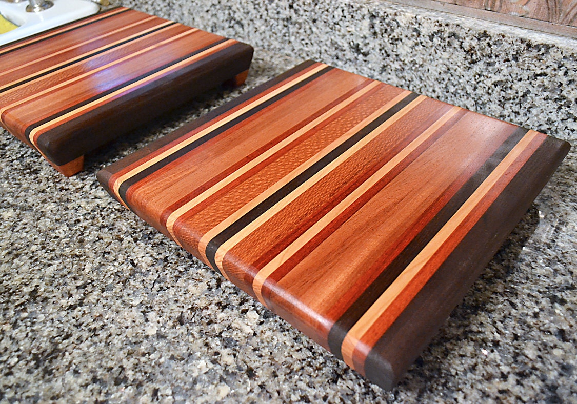Two Handmade Medium Wood Cutting Boards - The Autumn Harvest II - Bloodwood, Black Walnut, Cherry, Mahogany, Lacewood