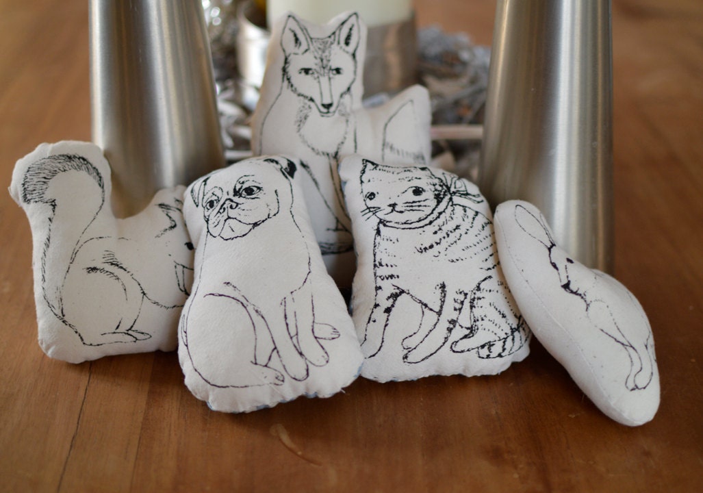 Set of 5 Animals mini pillows, cat, pug, foxy, squirrel, bunny  screenprinted original art