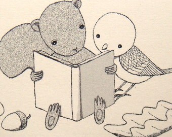 Print of Original Ink Drawing Illustration Cute Woodland Squirrel Bird Book Acorn 4x6