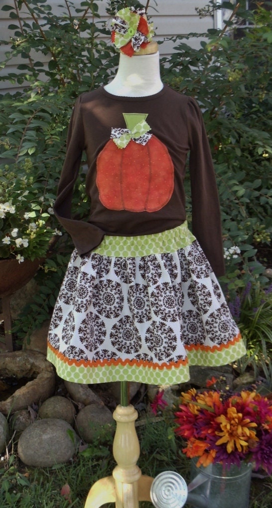 Girls Custom Pumpkin tee and skirt set  in sizes 5