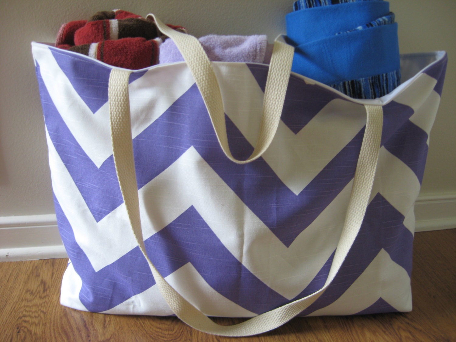 Extra Large Chevron  Beach Tote New Chevron Beach Bag, Big Fat Chevron, PURPLE,