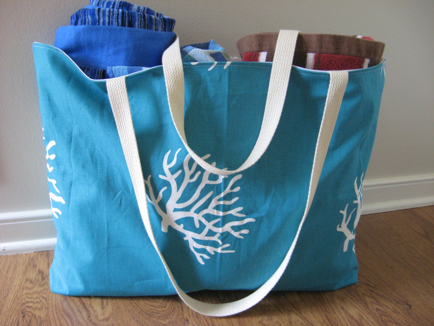 Extra Large Beach Tote, Beach Bag Turquoise Coral print, READY TO SHIP