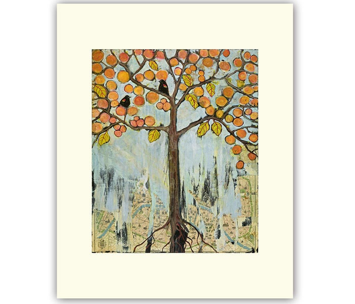 Art Print Tree, Birds Map Paris, Print with 11X14 Mat, Wall Decor
