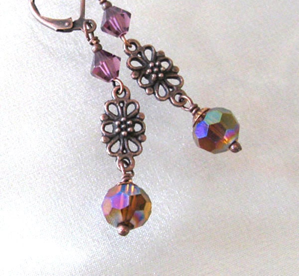 Purple Crystal Earrings, Aurora Borealis Crystal, Antique Copper Filigree, Handmade