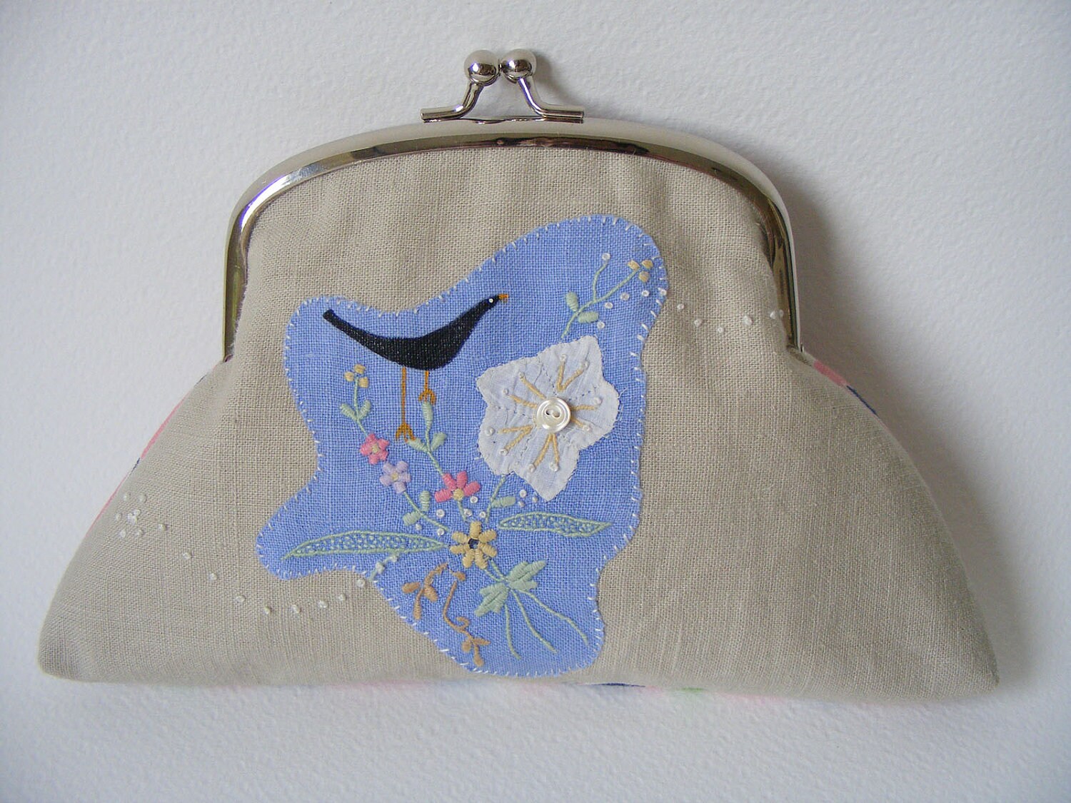 Handmade purse or small Clutch Hand painted bird on old embroidered linen