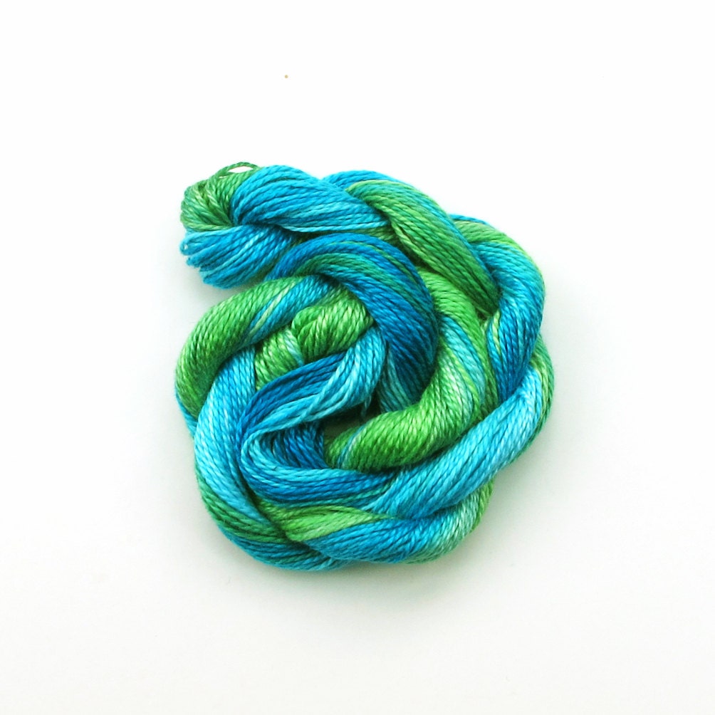 Hand dyed cotton perle 8 embroidery yarn, 30m skein - bright green, royal blue, light blue