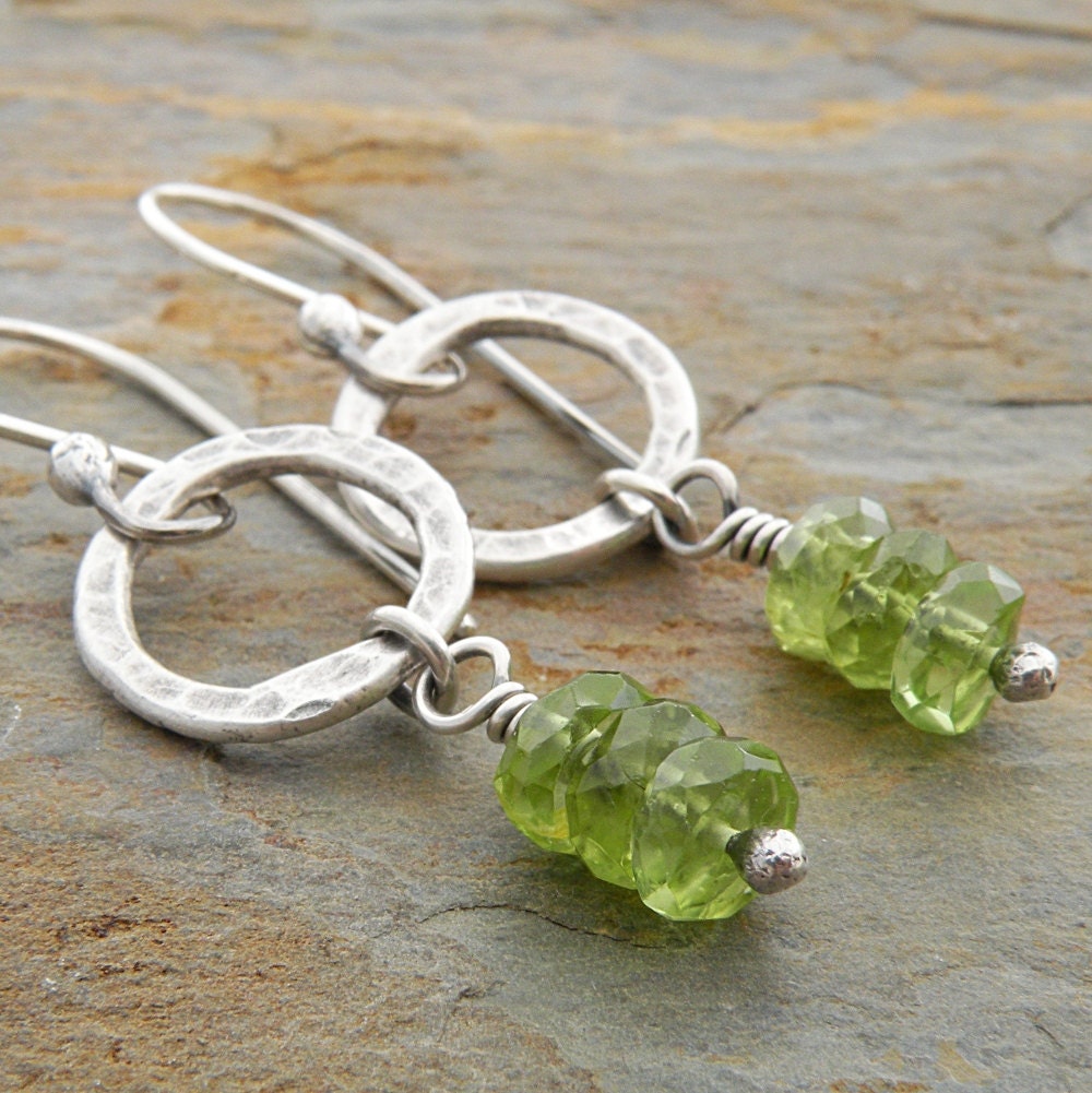 Peridot Earrings, Green, August Birthstone, Faceted, Circles, Sterling Silver, Fine Silver, Stack, Textured