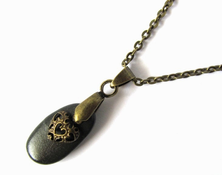 Beach Stone Necklace Brass Charm Dark Natural River Rock Jewelry by Hendywood